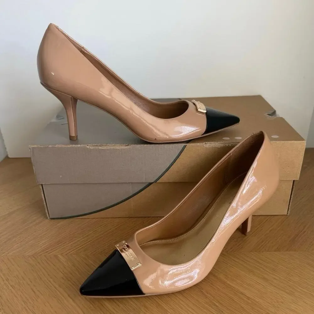 COACH Zan Patent Leather ‘Tapioca/Black’ Women Pointed Toe Heels- SZ 7
